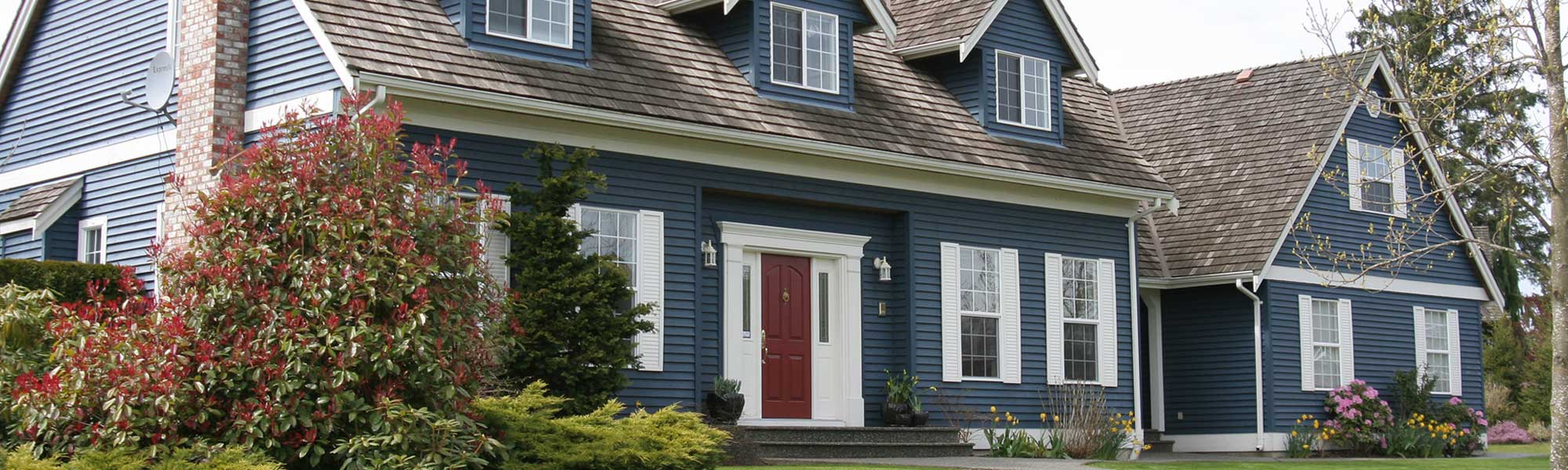 Blue house with red door